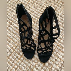 Black Strappy Suede High Heel Sandals - Women's